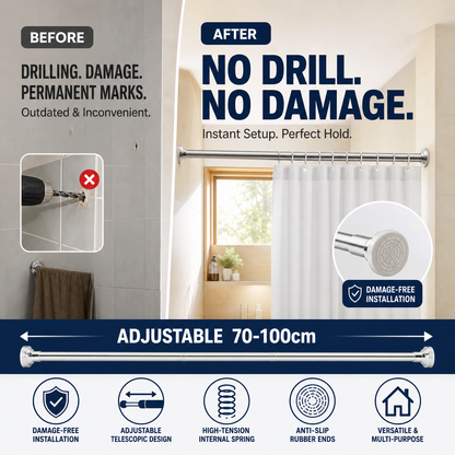 📢📢50% OFF !! ⏰Adjustable No‑Drill Tension Rod, 70‑100cm Spring Tension Clothes Hanging Rod, No‑Damage Non‑Slip Closet Curtain Rod, Max 15KG Load for Wardrobe, Bathroom