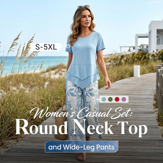 🥳SUMMER HOT SALE🥳💞50K+ SOLD!💥56% OFF! 🔥Casual Round Neck Layered Tunic Top and Wide Leg Pants Set