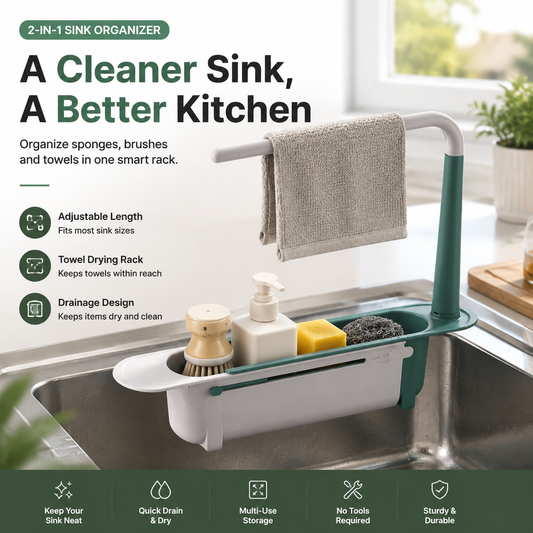📢📢50% OFF !! ⏰2-in-1 Sink Organizer Rack – Expandable Sponge Holder & Kitchen Towel Drying Bar
