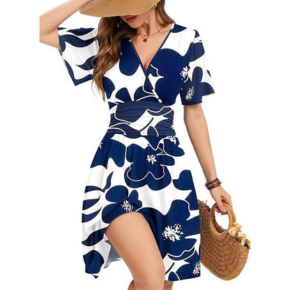 🌸 50% OFF NOW! 🌸Women's Ruffle Sleeve Sexy Sundress Floral V Neck Short Wrap Dress with Pockets