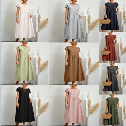 🌸 40% OFF NOW! 🌸Summer Fashion Solid Color Cotton Linen Pocket Dress