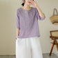 🌸 50% OFF NOW! 🌸Women's Thin Embroidery Breathable Cotton Linen Short Sleeve Crew Neck Shirt