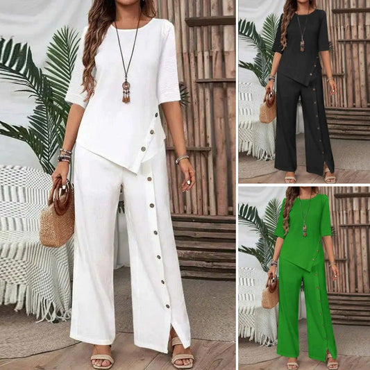 ✨2026 New Style✨Trendy Irregular Hem Blouse with Wide Leg Pants – Elegant Daily Two-Piece Outfit