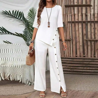 ✨2026 New Style✨Trendy Irregular Hem Blouse with Wide Leg Pants – Elegant Daily Two-Piece Outfit