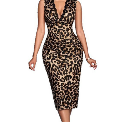 🔥2026 New Style🔥Elegant Leopard Bodycon Dress – Lace Detail & V-Neck Design