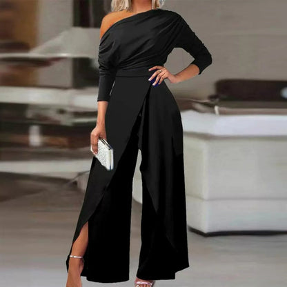 👗 50% OFF NOW! ✨ Women's Elegant One-Shoulder Jumpsuit – Wide-Leg Flow, Wrap Skirt Detail & Premium Breathable Fabric for a Chic Look 💃