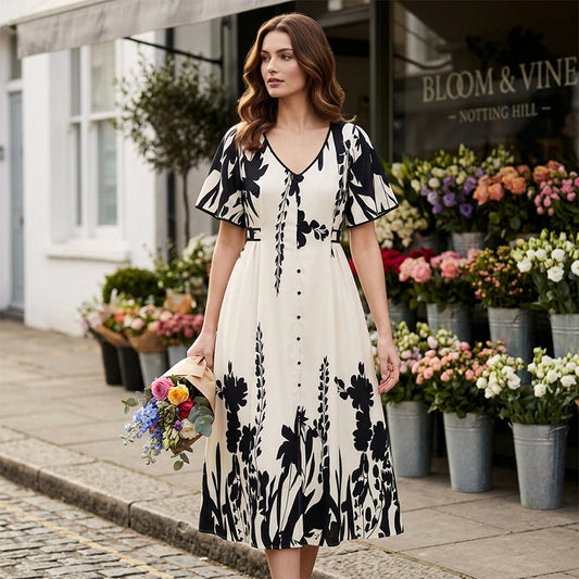 🔥2026 HOT STYLE🔥Soft Botanical Print V-Neck Midi Dress – Elegant, Lightweight & All-Match