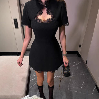 🔥2026 New Style🔥Slim High-Neck Mini Dress – Cutout & Lace Panel for a Gorgeous Silhouette