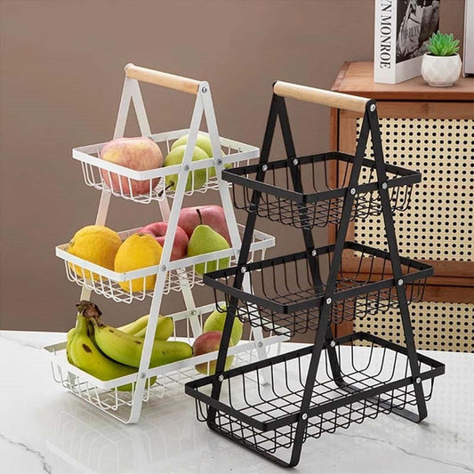 🔥HOT STYLE🔥3-Tier Countertop Fruit Holder – Elegant Metal with Wooden Handle Design