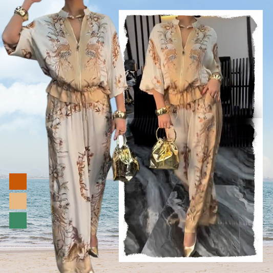 🔥Spring Hot Sale🔥Chic Printed Zipper Top Matching Set – Stylish Wide-Leg Pants Daily Wear