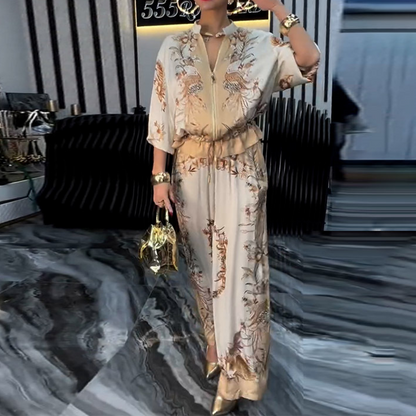🔥Spring Hot Sale🔥Chic Printed Zipper Top Matching Set – Stylish Wide-Leg Pants Daily Wear