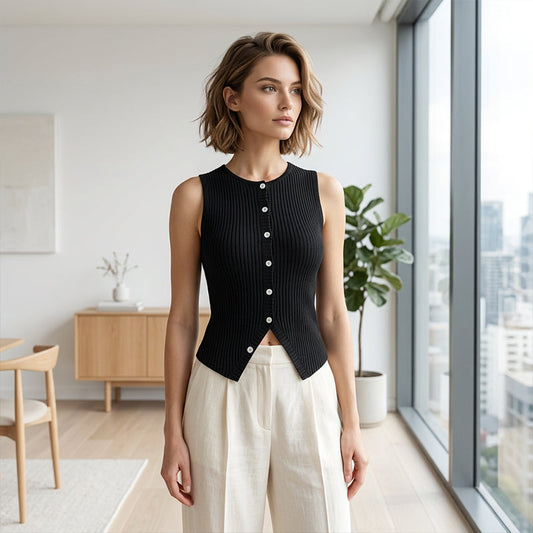 📢📢50% OFF ⏰💡Designed in the USA💡Women's Ribbed Knit Button-Front Sleeveless Vest