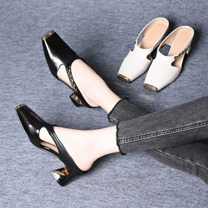 🔥 Hot sale 50% OFF🔥Women's Casual Metal Square Toe Mid Block Heel Mules