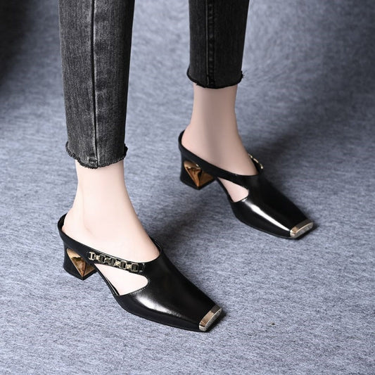 🔥 Hot sale 50% OFF🔥Women's Casual Metal Square Toe Mid Block Heel Mules
