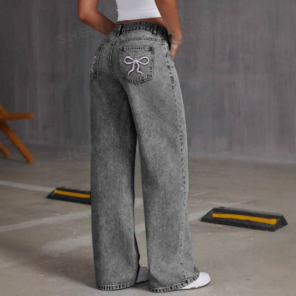 🔥Spring Hot Sale🔥Bow Embroidered High-Waist Straight-Leg Jeans