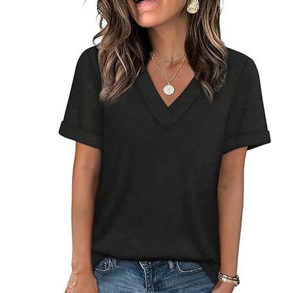 🥳SUMMER HOT SALE🥳💞50K+ SOLD!💥50% OFF! 🔥Women's V-Neck Short Sleeve Casual T-Shirt – Classic V-Neck, Soft Polyester & Rolled Cuffs ✨