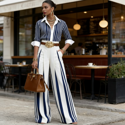 🥳SUMMER HOT SALE🥳💞50K+ SOLD!💥65% OFF! 🔥 Women's Striped Shirt & Wide-Leg Pants 2-Piece Set