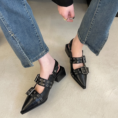 🥳SUMMER HOT SALE🥳💞50K+ SOLD!💥50% OFF! 🔥Edgy Grommet & Buckle Low Heel Pumps