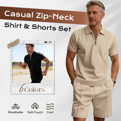 📢📢50% OFF !! ⏰ Summer Casual Zip-Neck Shirt & Shorts Set – Breathable, stylish & perfect for hot days – lightweight 2-piece comfort 🩳