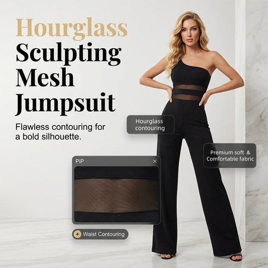👯2026 NEW STYLE ＆ LIMITED TIME 50% OFF! ✨ One-Shoulder Mesh Panel Wide-Leg Jumpsuit – Sculpting, Elegant, Alluring 💃