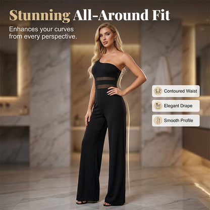 👯2026 NEW STYLE ＆ LIMITED TIME 50% OFF! ✨ One-Shoulder Mesh Panel Wide-Leg Jumpsuit – Sculpting, Elegant, Alluring 💃