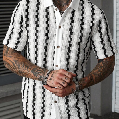 🔥Last day of the limited-time 50% off sale🔥Men's Short Sleeve Retro Geometric Knit Shirt – Vintage Pattern & Breathable Fabric ✨