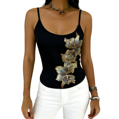 🥳SUMMER HOT SALE🥳💞50K+ SOLD!💥50% OFF! 🔥  Slim Fit Spaghetti Strap Tank with Sequin Flower – Glamorous Detail, Soft Stretch & Perfect for Parties or Layering 💃
