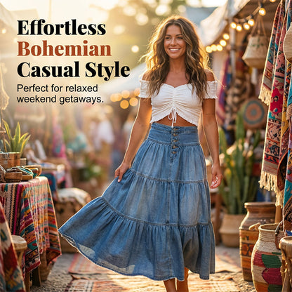 🔥2026 New Arrival ＆ Hot Sale ＆ 50％ Off🔥Denim Maxi Skirt – High Waist, Tiered, A-Line, Button Front ✨