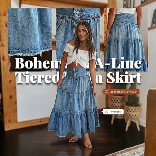 🔥2026 New Arrival ＆ Hot Sale ＆ 50％ Off🔥Denim Maxi Skirt – High Waist, Tiered, A-Line, Button Front ✨