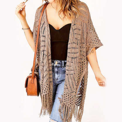 🌸 50% OFF NOW! 🌸 Women's Open-Front Knit Cover-Up with Tassel Fringe – Bohemian & Lightweight – Beach Essential 🌴