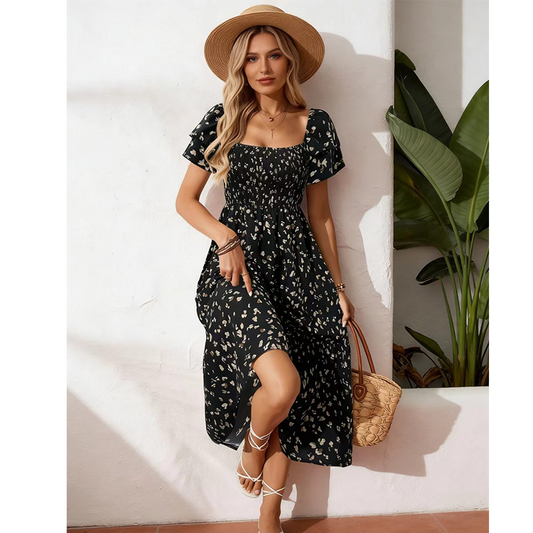 🌸 50% OFF NOW! 🌸Women's Square Neck Smocked Floral Midi Dress