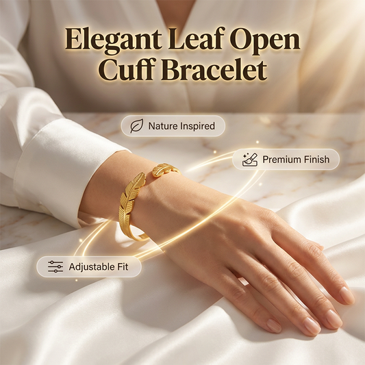 🌸 50% OFF NOW! 🌸18K Gold Plated Leaf Open Cuff Bracelet | Adjustable Stainless Steel Nature Bangle for Women