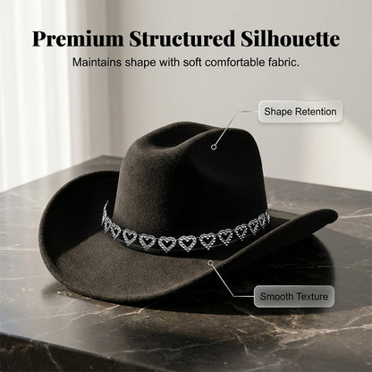 📢📢30% OFF !! ⏰Women's Rhinestone Heart Cowboy Hat Elegant French Jazz Fedora