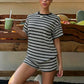 🌸 40% OFF NOW! 🌸American Vintage 2-Piece Set – Striped Tee + High Waist Shorts