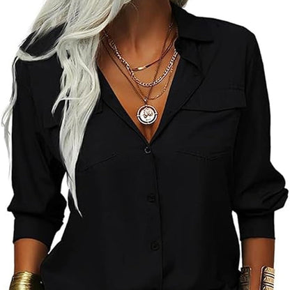 📢📢40% OFF !! ⏰Women's Solid Lapel Long Sleeves Button-Down Shirt