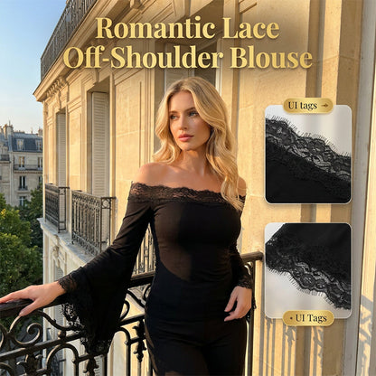 🌸 60% OFF NOW! 🌸Women’s Chic Black Slim Fit Off-Shoulder Flare Sleeve T-Shirt