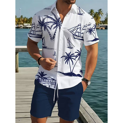 📢📢50% OFF !! ⏰Men's Printed Shirt & Shorts 2-Piece Set