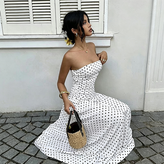 🌸 50% OFF NOW! 🌸WOMEN'S OFF-SHOULDER POLKA DOT DRESS — Flattering Ruched Waist & Flowing A-Line Evening Wear ✨