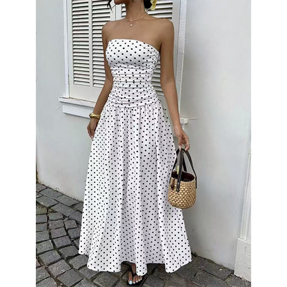 🌸 50% OFF NOW! 🌸WOMEN'S OFF-SHOULDER POLKA DOT DRESS — Flattering Ruched Waist & Flowing A-Line Evening Wear ✨