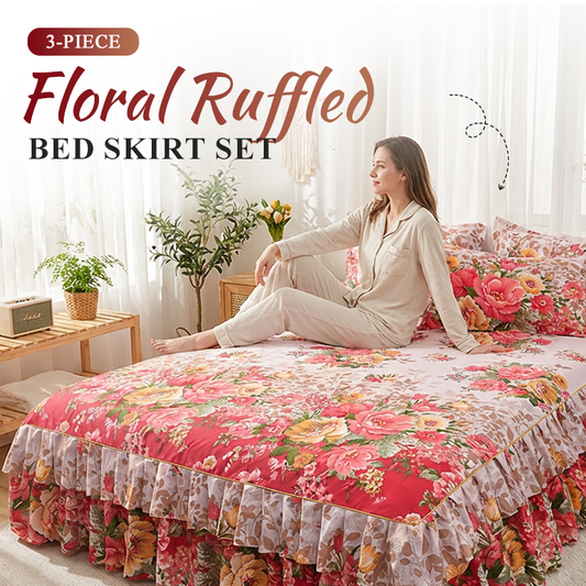 📢📢50% OFF !! ⏰3‑Piece Floral Ruffled Bed Skirt Set
