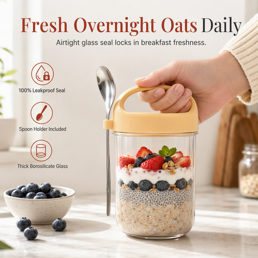 📢📢50% OFF !! ⏰ Overnight Oats Jar – Glass, leakproof & spoon included 🥄✨