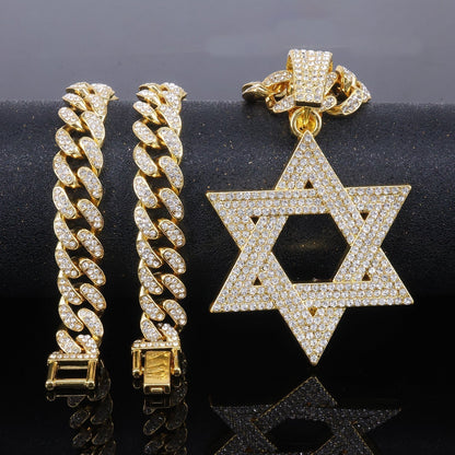 📢📢50% OFF !! ⏰Hip Hop Iced Out Rhinestone Hollow Star of David with 50cm Chain