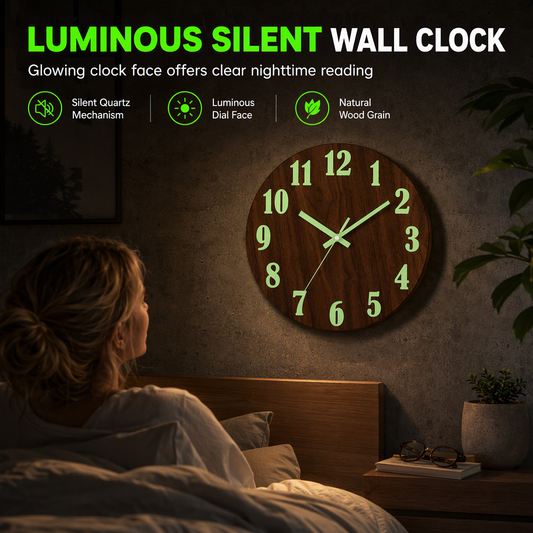 📢📢50% OFF !! ⏰12-Inch Silent Wooden Wall Clock – Luminous Glow & MDF Wood Grain✨