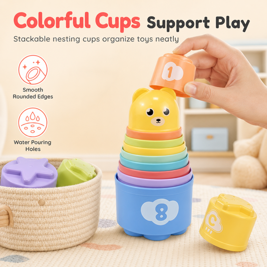 📢📢50% OFF !! ⏰Cartoon Bear Stacking Cups and Blocks Toy for Toddler Early Education Number and Letter Matching Rainbow Tower Set