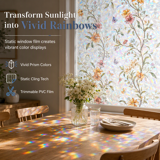 📢📢50% OFF !! ⏰Rainbow Window Film Static Cling Decorative Glass Sticker with Colorful Flower Design for Home Window Decoration
