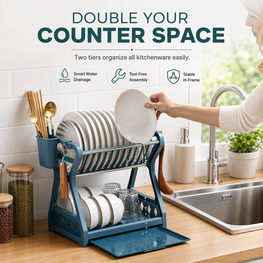 📢📢50% OFF !! ⏰Multi-Layer Steel Dish Drying Rack – Vertical Storage, Drip Tray, Tool-Free Install ✨