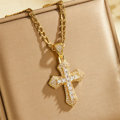 🌸 50% OFF NOW! 🌸Hip Hop Double Layer Baguette Rhinestone Cross Brass with Figaro Chain