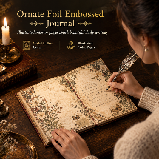 📢📢50% OFF !! ⏰Vintage European Style Hardcover Journal Notebook with Hollow Out Cover Gold Foil Accents and Color Illustrated Pages